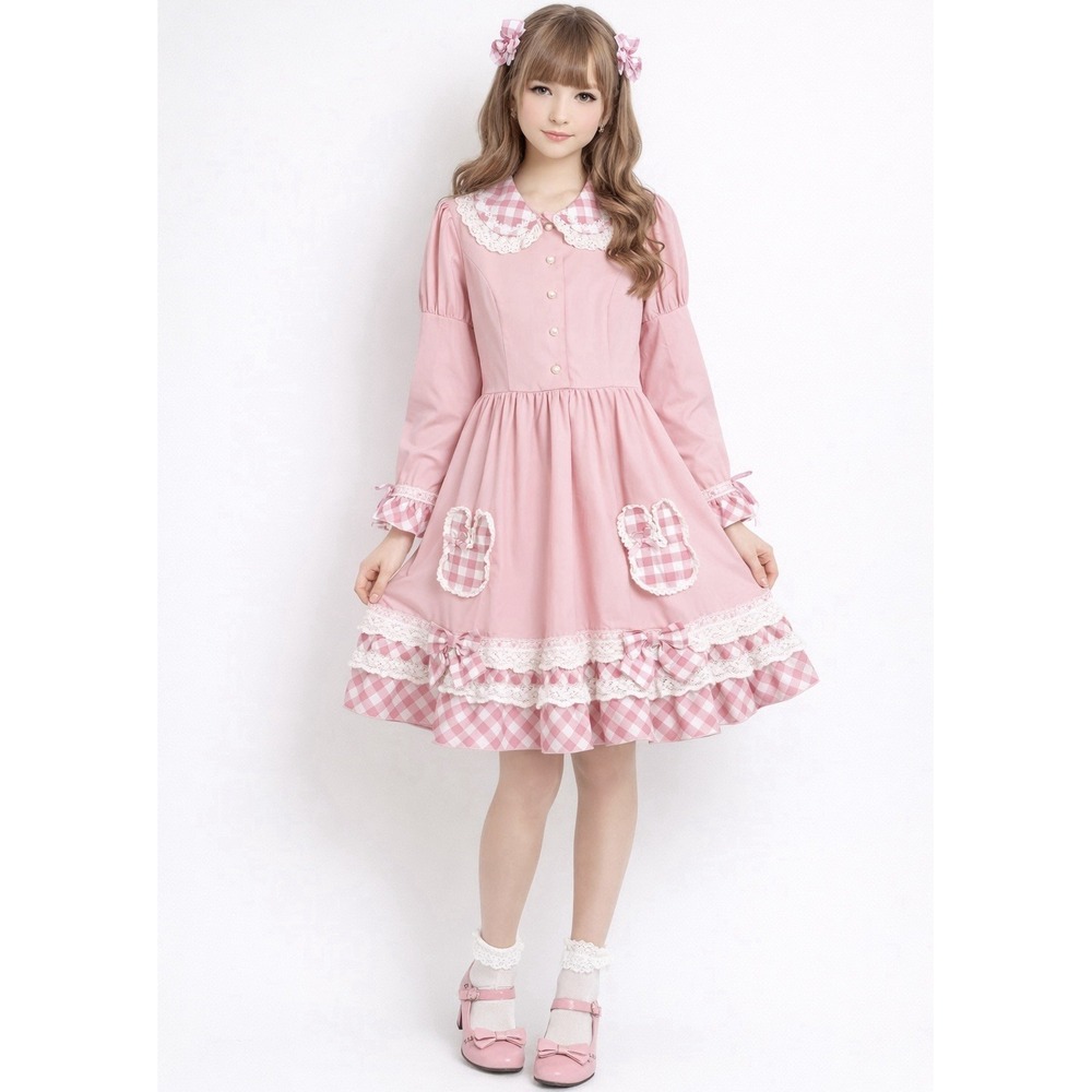 Bodyline Pink Sweet Lolita Dress Bunny Appliqué Gingham Lace Bow OP Kawaii
